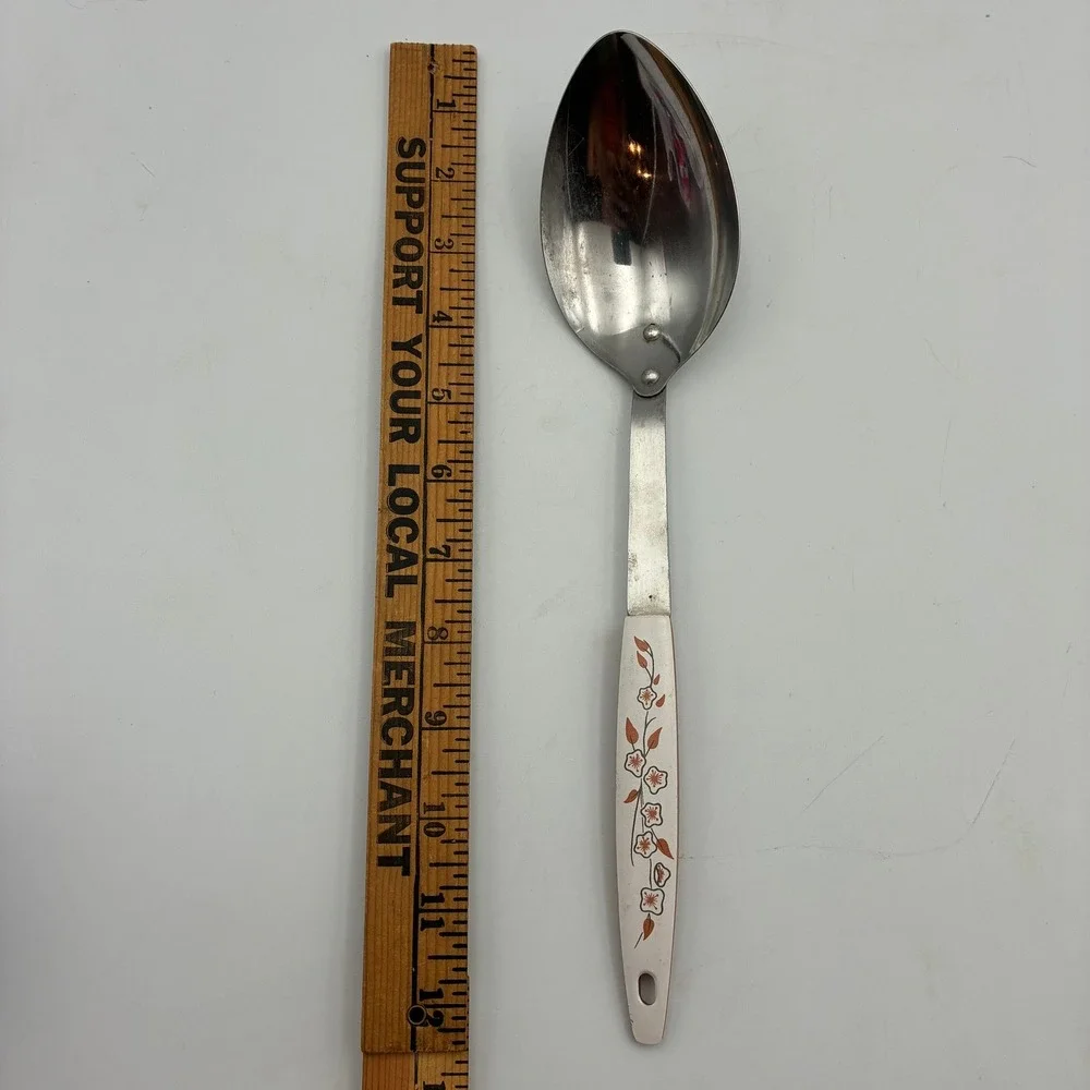 Vintage Stainless Steel Serving Spoon Floral Handle Japan Mid Century 12.5in